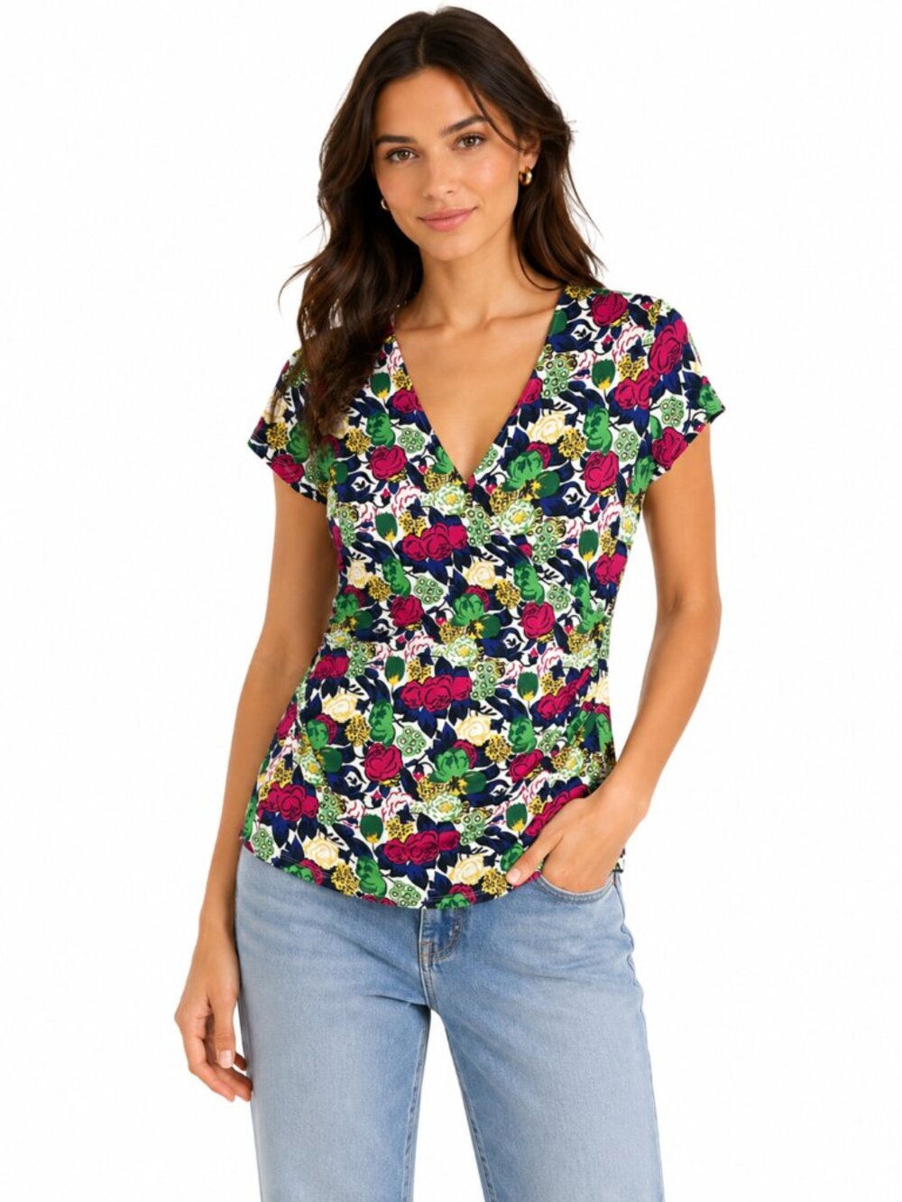 BODEN Floral Faux Wrap Surplice Top V-Neck Short Sleeve Stretch US 12 UK 16 - Picture 1 of 8